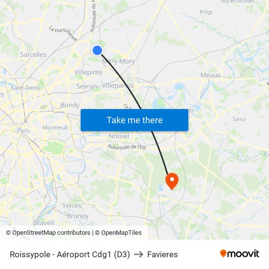Roissypole - Aéroport Cdg1 (D3) to Favieres map