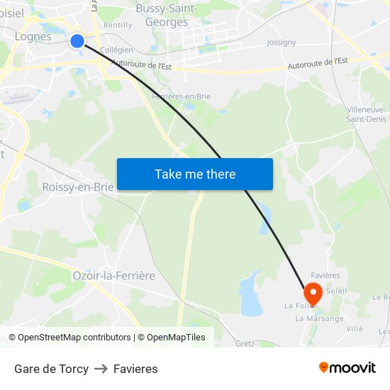 Gare de Torcy to Favieres map