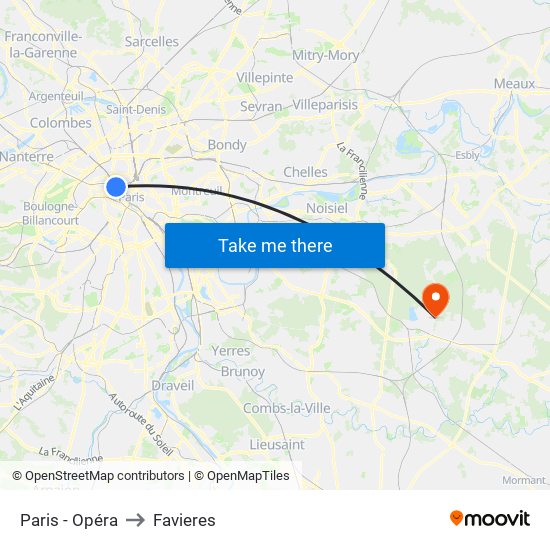 Paris - Opéra to Favieres map