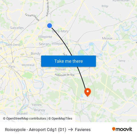 Roissypole - Aéroport Cdg1 (D1) to Favieres map