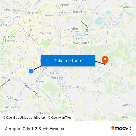 Aéroport Orly 1-2-3 to Favieres map