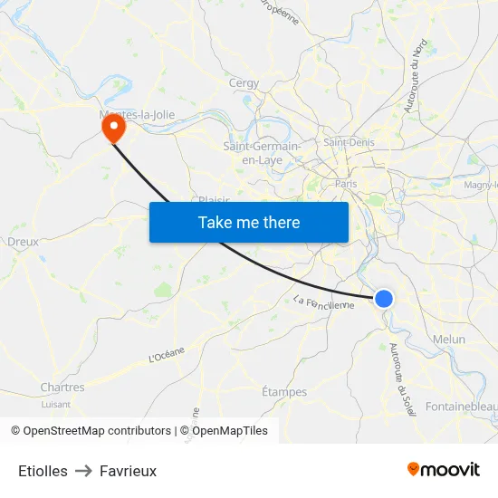Etiolles to Favrieux map