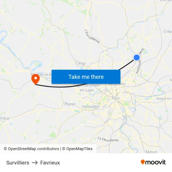 Survilliers to Favrieux map