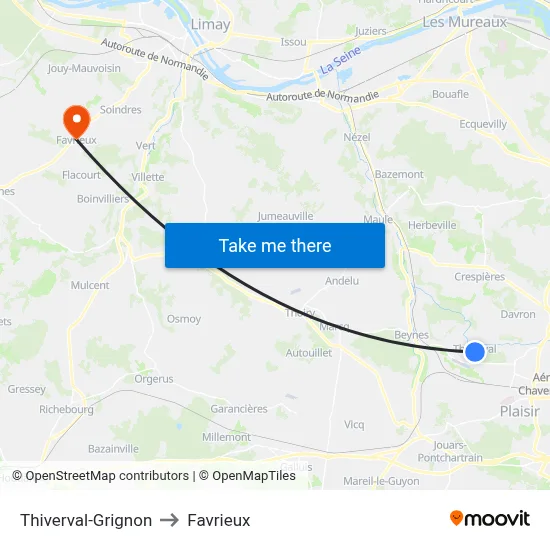 Thiverval-Grignon to Favrieux map