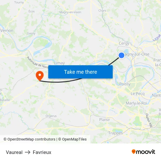 Vaureal to Favrieux map