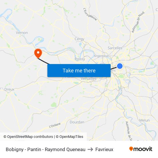 Bobigny - Pantin - Raymond Queneau to Favrieux map