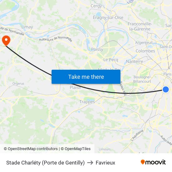 Stade Charléty (Porte de Gentilly) to Favrieux map