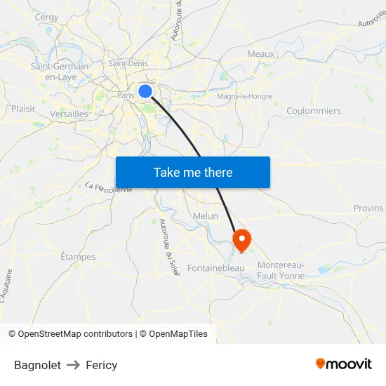 Bagnolet to Fericy map