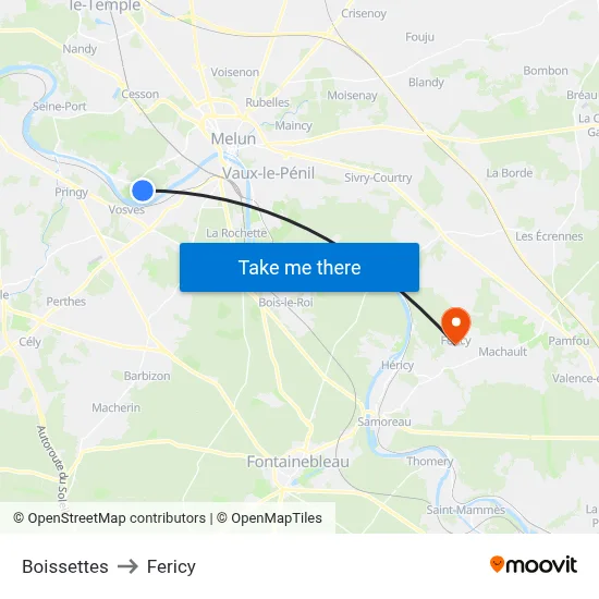 Boissettes to Fericy map
