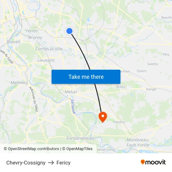 Chevry-Cossigny to Fericy map