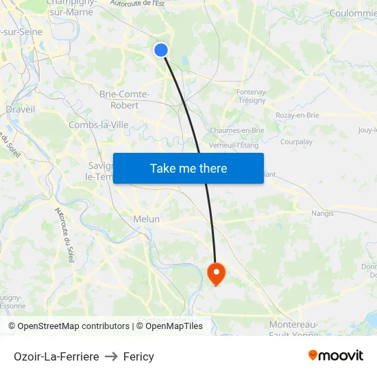 Ozoir-La-Ferriere to Fericy map