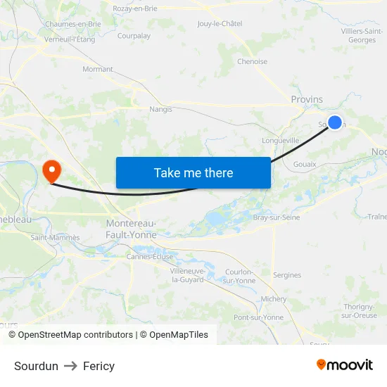 Sourdun to Fericy map