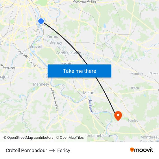 Créteil Pompadour to Fericy map