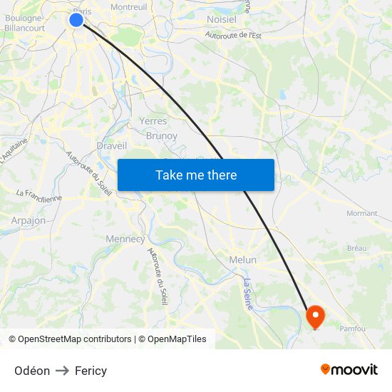 Odéon to Fericy map