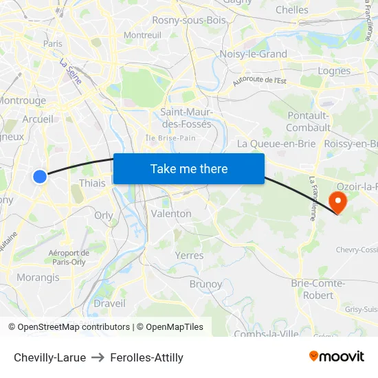 Chevilly-Larue to Ferolles-Attilly map