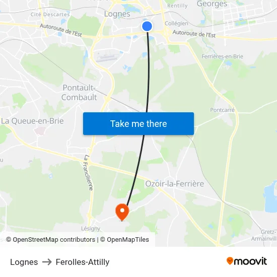 Lognes to Ferolles-Attilly map