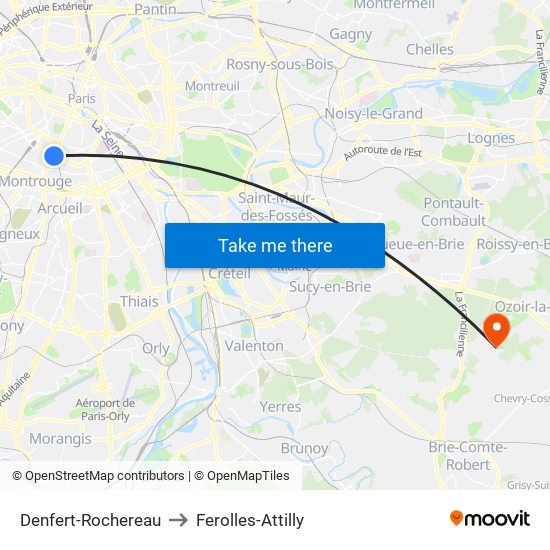 Denfert-Rochereau to Ferolles-Attilly map