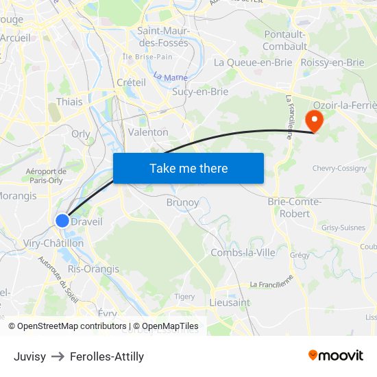 Juvisy to Ferolles-Attilly map