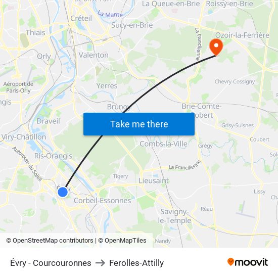 Évry - Courcouronnes to Ferolles-Attilly map