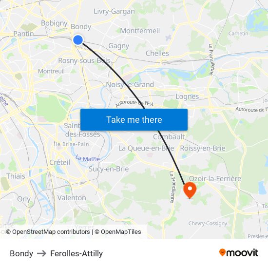 Bondy to Ferolles-Attilly map