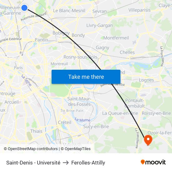 Saint-Denis - Université to Ferolles-Attilly map