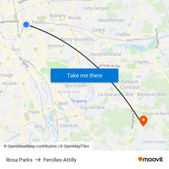Rosa Parks to Ferolles-Attilly map