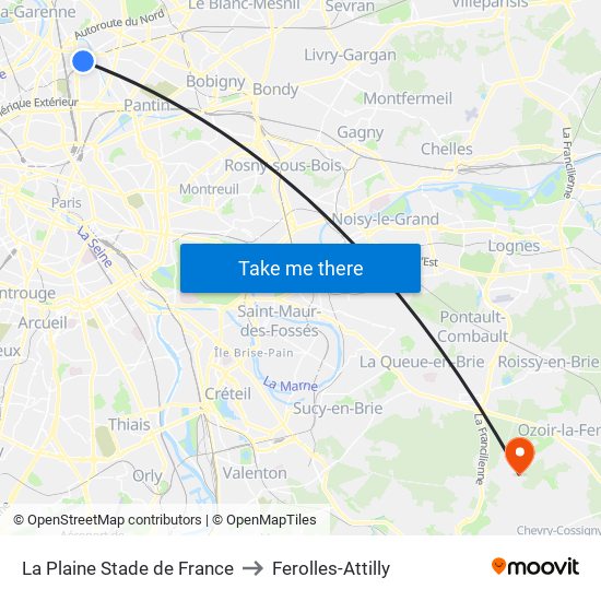 La Plaine Stade de France to Ferolles-Attilly map