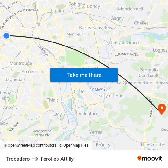 Trocadéro to Ferolles-Attilly map