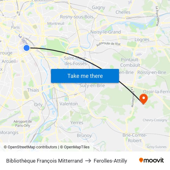 Bibliothèque François Mitterrand to Ferolles-Attilly map