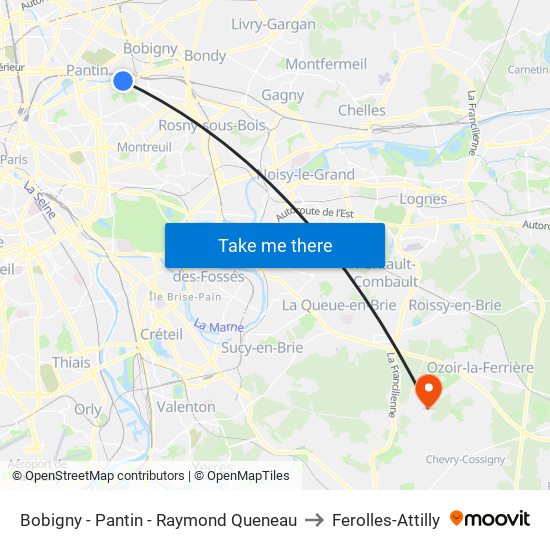 Bobigny - Pantin - Raymond Queneau to Ferolles-Attilly map