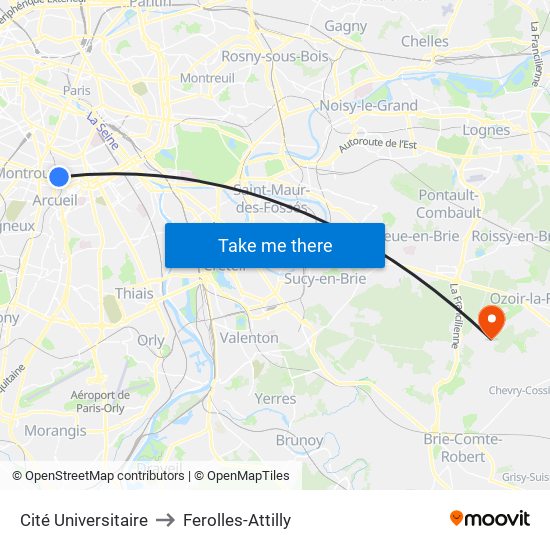 Cité Universitaire to Ferolles-Attilly map