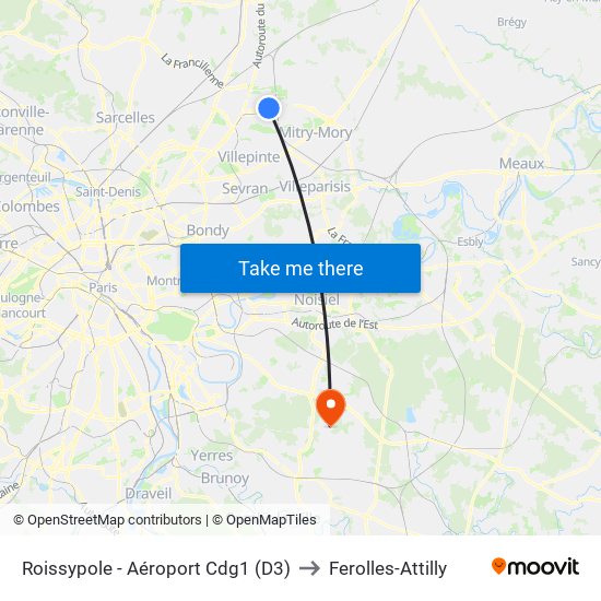 Roissypole - Aéroport Cdg1 (D3) to Ferolles-Attilly map