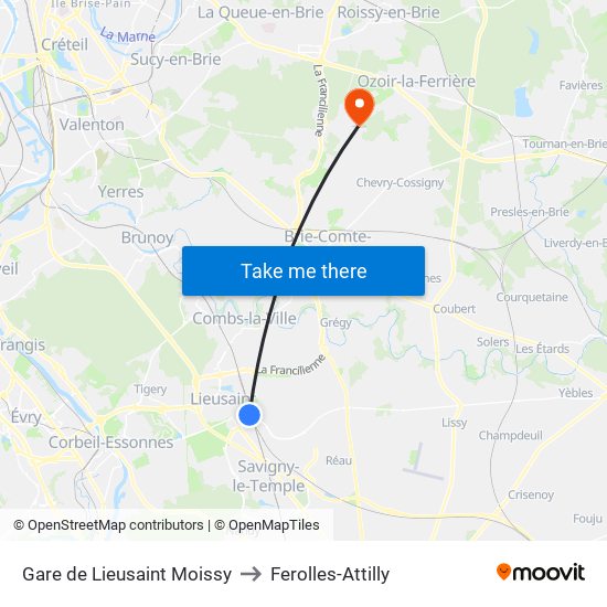 Gare de Lieusaint Moissy to Ferolles-Attilly map