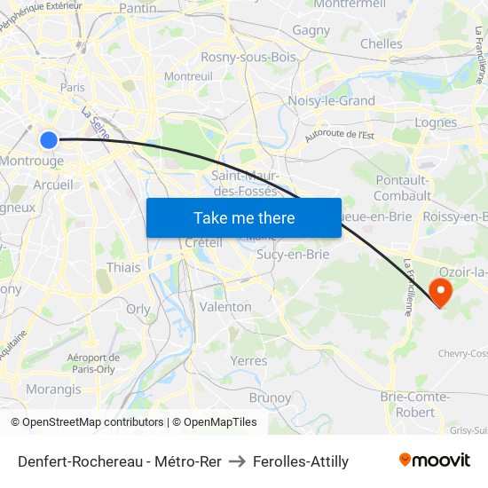 Denfert-Rochereau - Métro-Rer to Ferolles-Attilly map