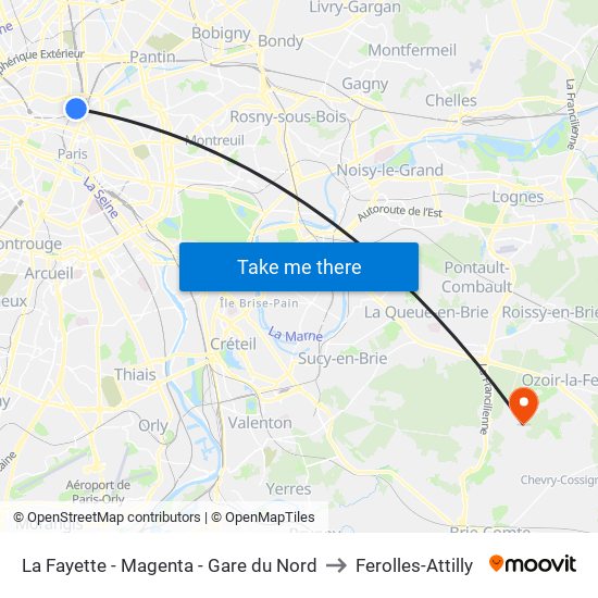 La Fayette - Magenta - Gare du Nord to Ferolles-Attilly map