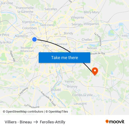 Villiers - Bineau to Ferolles-Attilly map