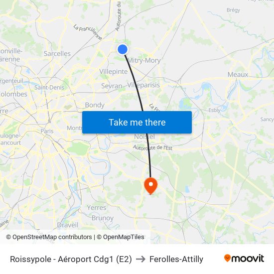 Roissypole - Aéroport Cdg1 (E2) to Ferolles-Attilly map