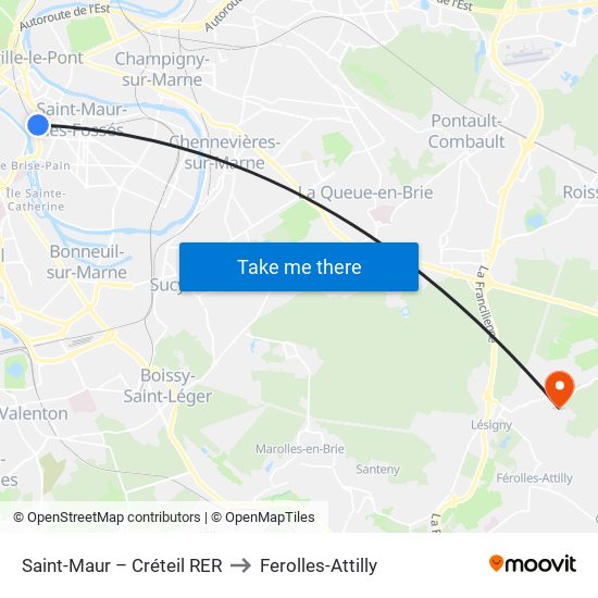 Saint-Maur – Créteil RER to Ferolles-Attilly map