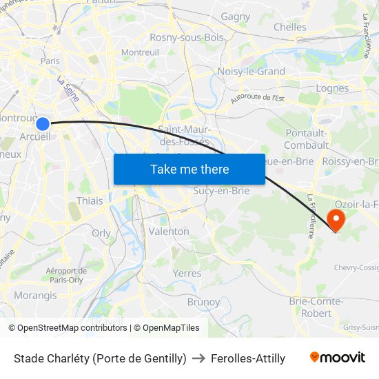 Stade Charléty (Porte de Gentilly) to Ferolles-Attilly map