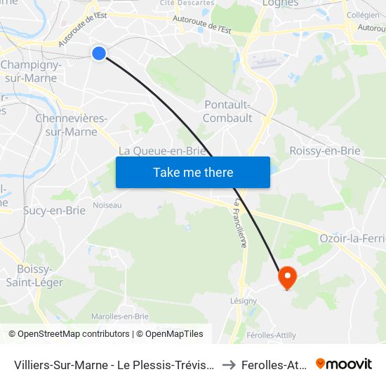 Villiers-Sur-Marne - Le Plessis-Trévise RER to Ferolles-Attilly map