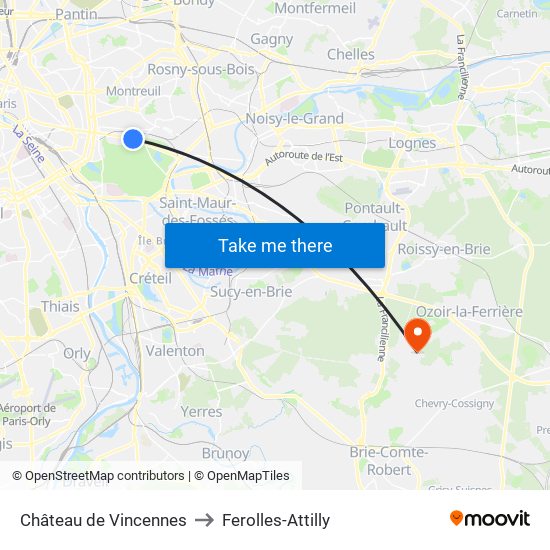 Château de Vincennes to Ferolles-Attilly map