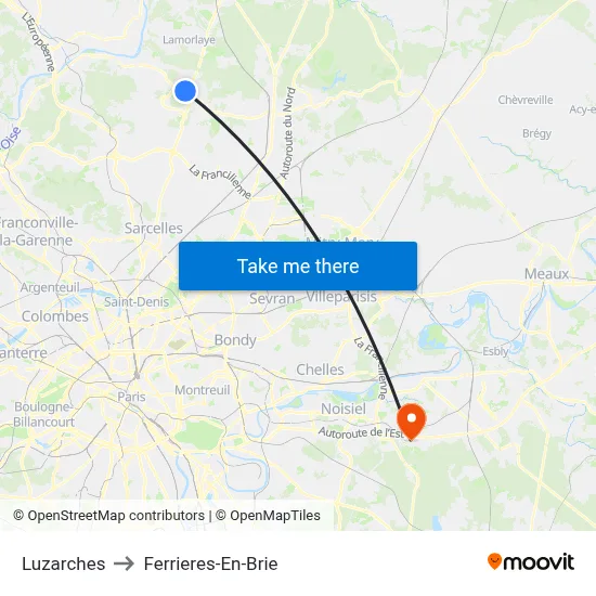 Luzarches to Ferrieres-En-Brie map