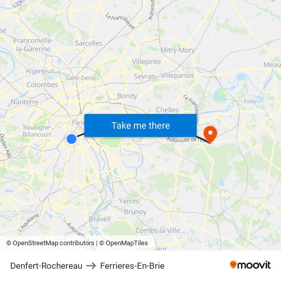 Denfert-Rochereau to Ferrieres-En-Brie map