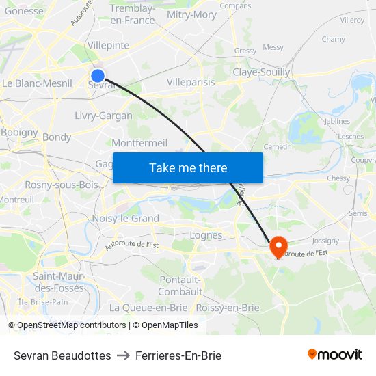 Sevran Beaudottes to Ferrieres-En-Brie map