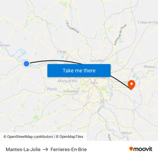 Mantes-La-Jolie to Ferrieres-En-Brie map