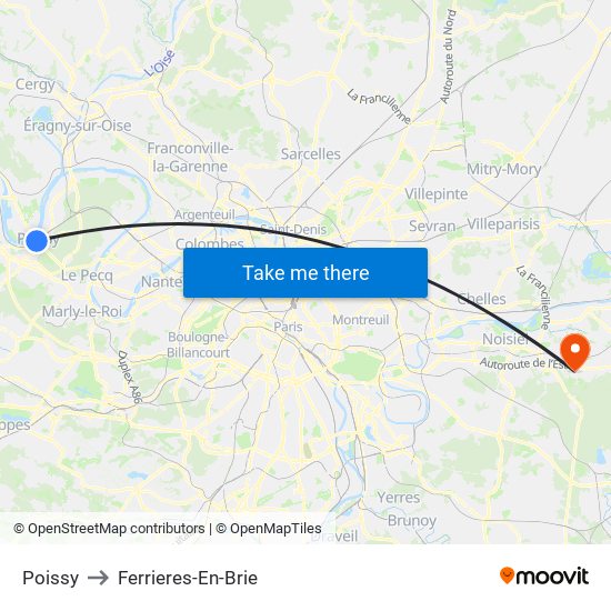 Poissy to Ferrieres-En-Brie map