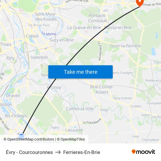Évry - Courcouronnes to Ferrieres-En-Brie map