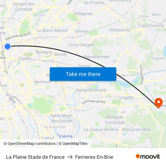 La Plaine Stade de France to Ferrieres-En-Brie map