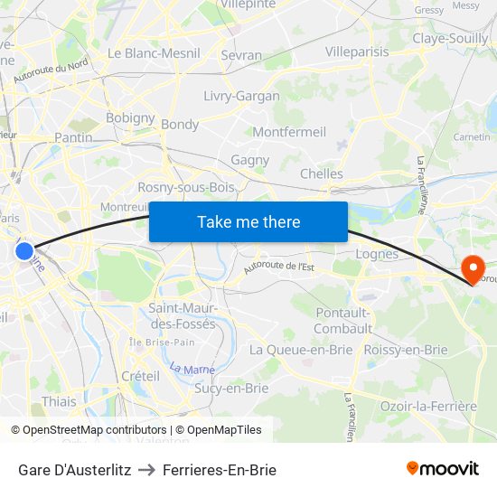 Gare D'Austerlitz to Ferrieres-En-Brie map