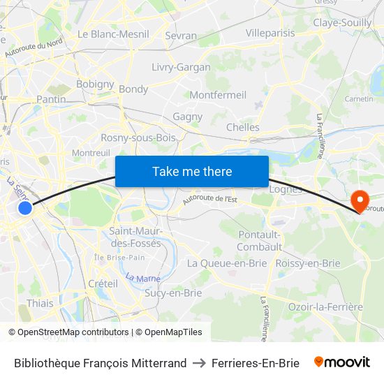 Bibliothèque François Mitterrand to Ferrieres-En-Brie map